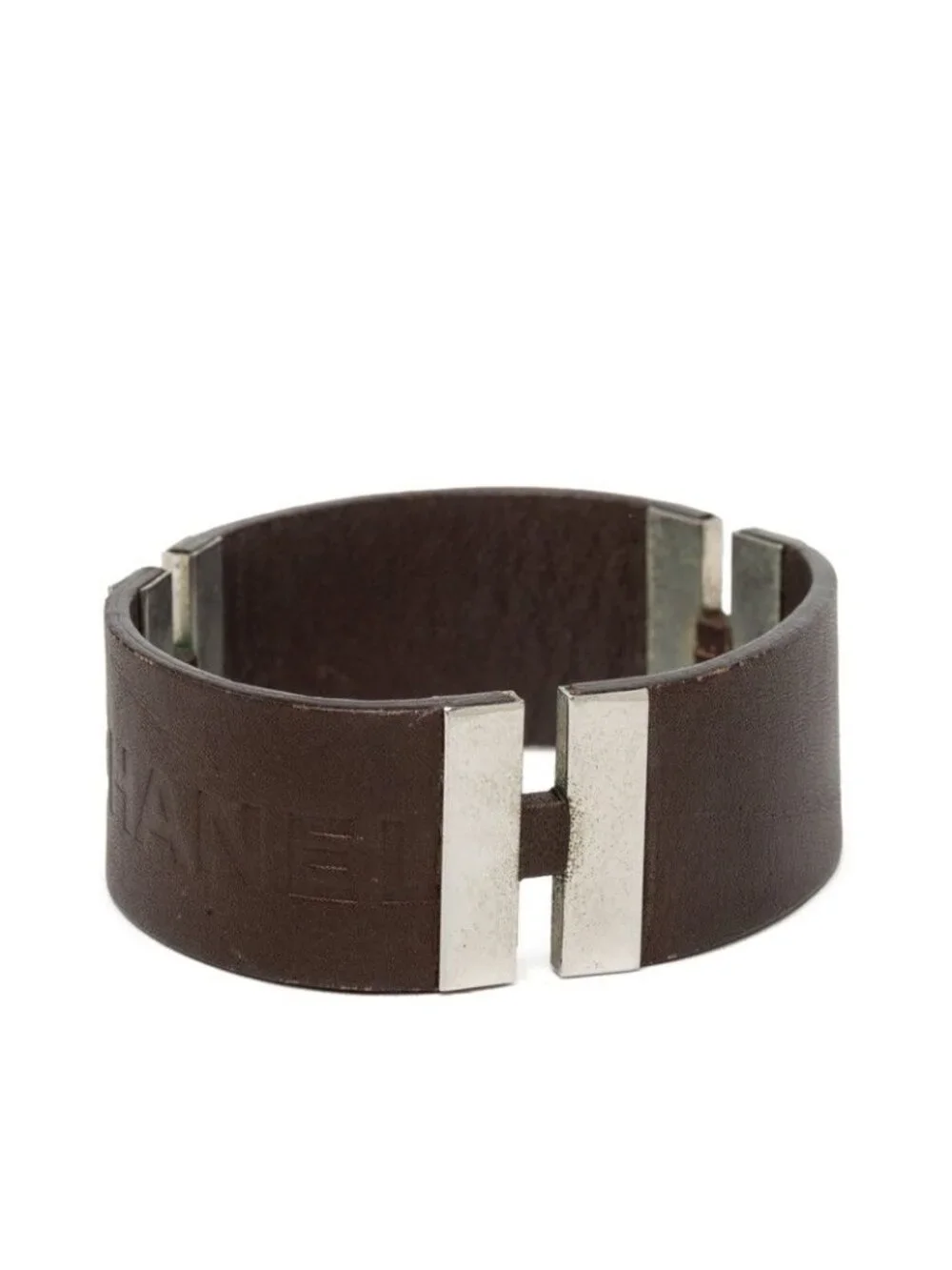 Chanel Logo Bracelet 00c Brown Silver Leather Metal